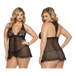 Women's Polyester Nightwear Babydoll Dress with G string Panty Free Size Black Color