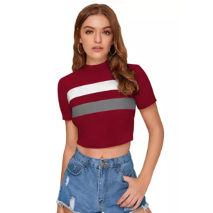 Women Fancy Round Neck Crop Tops T-Shirt Short Sleeves