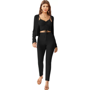 Women Solid Black Designer Western Dress Jumpsuit With Jacket