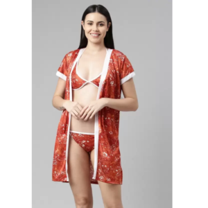 Women Printed Sleepwear Nightwear Nighty with Robe Swimwear Bikini Set Free Size