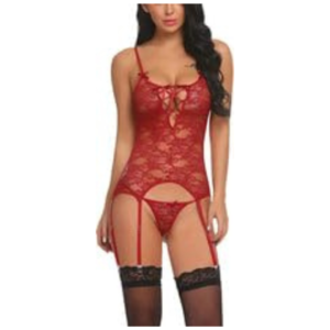Women Lace Bodysuit Lingerie Set Babydoll Chemise with Garter Belts Leg Stockings