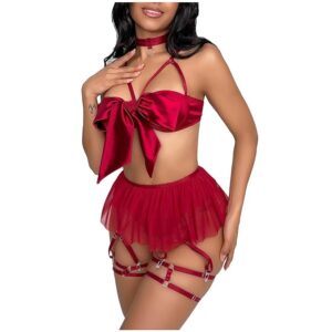 Women Erotic Babydoll Lingerie Hollow Out Bra Sexy Thong Set with Garter Belts and Removable Choker