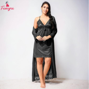 Women Night dress Sleepwear Two Piece Satin Silk Nighty with Outer Robe