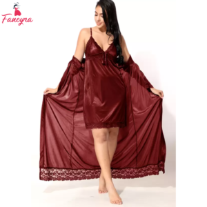 Women Night dress Sleepwear Two Piece Satin Silk Nighty with Outer Robe