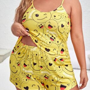 Women Emoji Printed Tee and Shorts Cute Pajama Set