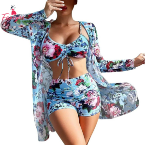 Women Sexy 3 Piece Printed Bikini Set Long Sleeve Cover Up Swimsuit Beach Wear