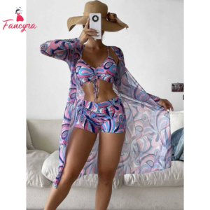 Women Sexy 3 Piece Printed Bikini Set Long Sleeve Cover Up Swimsuit Beach Wear