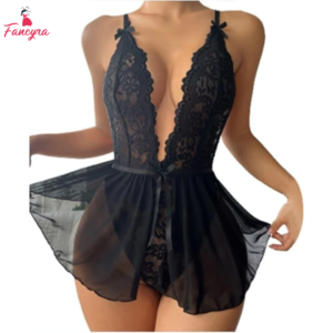 Women Deep V Neck One Piece Black Sexy Lace Flare Bodysuit Babydoll Lingerie