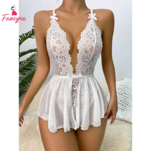 Women Deep V Neck One Piece White Sexy Lace Flare Bodysuit Babydoll Lingerie
