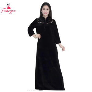 Women Black Full Length Velvet Winter Nighty Nightdress