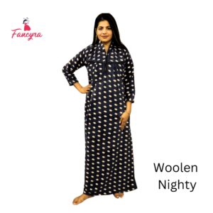 Women Woolen Blend Winter Full Length Dot Printed Nighty Nightdress