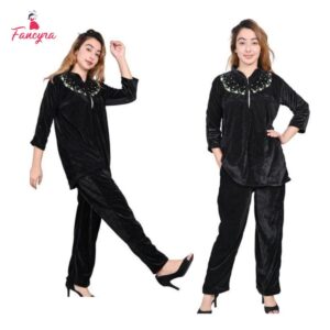 Woolen Blend Women Top & Pajama Set Black Embroidered Nightwear
