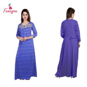 Women Woolen Full Length Striped Nighty Nightwear For Winter