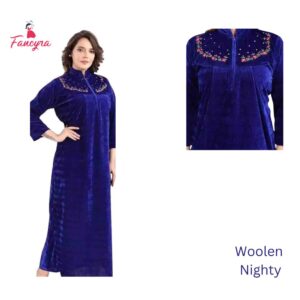 Women Full Length Blue Woolen Blend Winter Nighty Nightdress