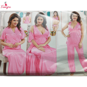 Women 6 Pieces Set Pink Satin Nightwear Nighty Set with Gown Top Pants & Lingerie