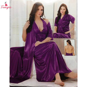 Fancyra Purple Satin Women Nightwear Set - Two-Piece Robe and Inner
