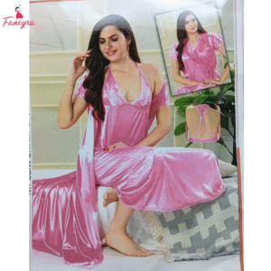 Pink Satin Women Nightwear Set - Robe and Inner Gown