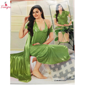 Green Satin Women Nightwear Set - Inner Gown and Robe