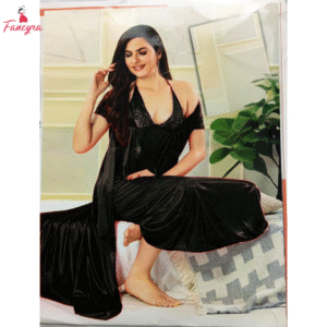 Black Satin Women Nightwear Sleepwear Set - Robe and Inner Gown