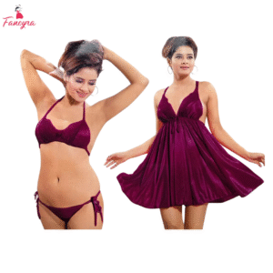 Purple Satin Women Lingerie Set - Two Piece Bikini and Babydoll