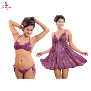 Magenta Satin Women's Two Piece Lingerie - Babydoll and Bikini Set