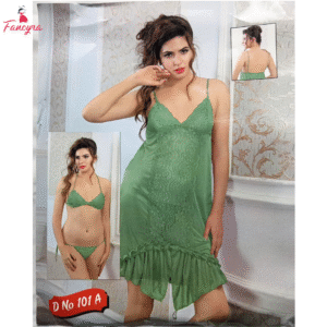 Green Satin Two Piece Lingerie Set - Women Babydoll and Bikini Pair