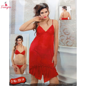 Red Satin Two Piece Lingerie Set - Women Bikini and Babydoll Pair