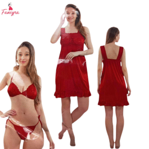 Stunning Red Women Nightwear Set - Babydoll Dress & Bikini Combo