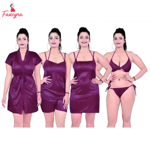 Women Solid Satin Above Knee Length Pack of 4  Nightwear Nighty Set