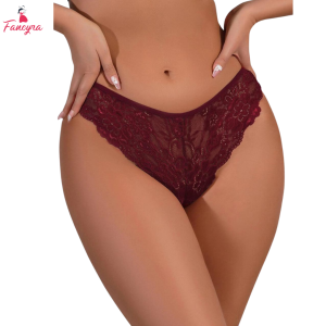 Floral Lace Maroon Thong Panty For Women