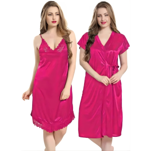 Women Satin Nightwear Knee Length Nighty with Lace and Robe