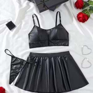 Women Lingerie Set 3 Piece Black Baby Doll Crop Top & Mini Skirt with Panty Nightwear