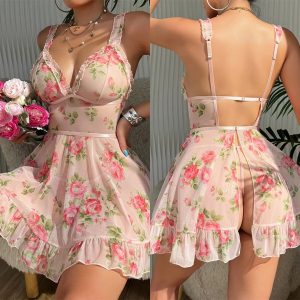 Women Mesh Floral Print Nightdress See-through Babydoll Lingerie