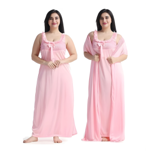 Women Satin Solid 2 Piece Nighty with Robe Nightwear Set Free Size