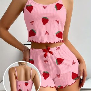 Women's Strawberry Print Camisole And Shorts Pajama Set