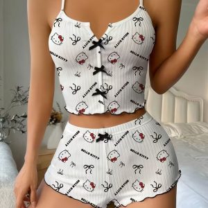 White Hello Kitty And Bow Print Casual Comfortable Suspender Shorts & Cami Top Pajama Set