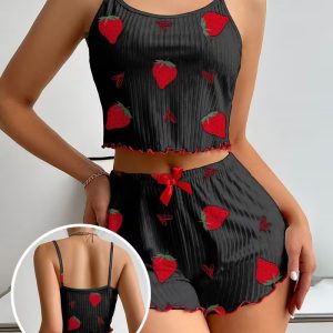 Women's Strawberry Print Ribbed Frill Trim Cami Top & Shorts Pajama Set