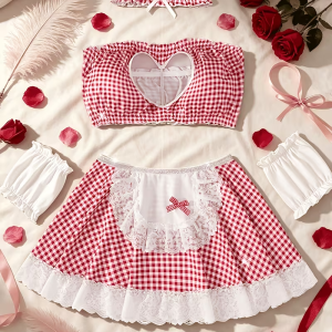 Women Red Plaid Naughty French Maid Roleplay Costume Lingerie Nighty