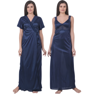 Women Satin 2 Pcs Set of Nighty And Wrap Gown Half Sleeve Robe Nightwear