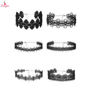 Fancyra Women 6PCS Black Gothic Floral Lace Necklaces Set