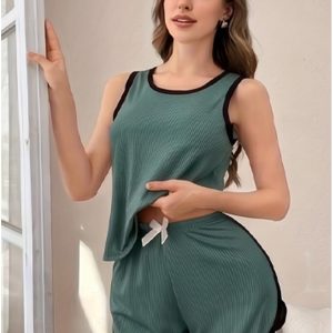 Women Cute Ribbed Cotton Soft Stretch Comfortable Tank Top & Shorts Sleepwear Pajama Set