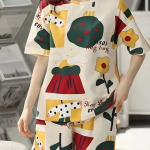Women Cute Printed Half Sleeves Top and Shorts Nightwear Pajama Set